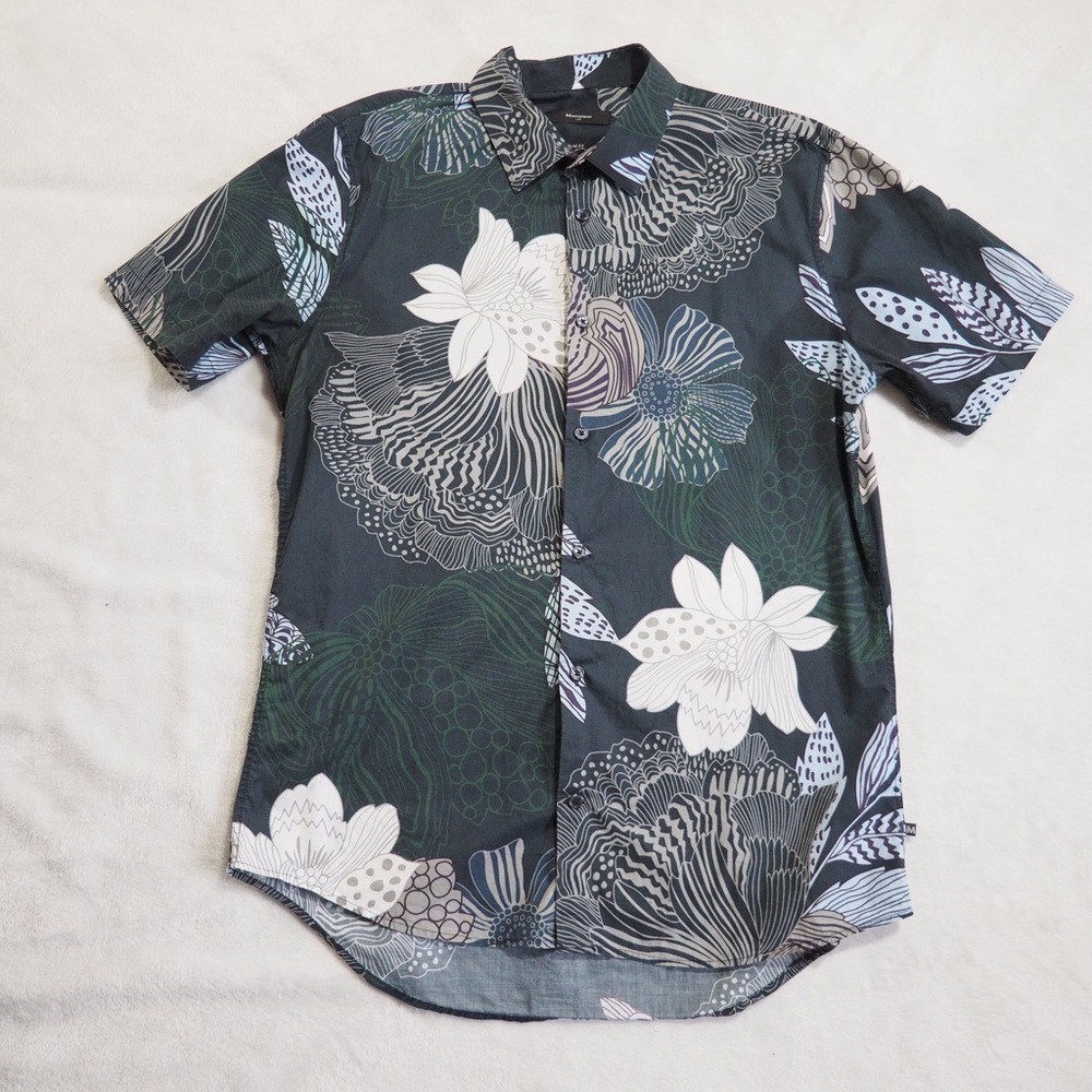 Matinique Sz XL Slim Fit Men's Floral Short-Sleeve Button Down Shirt Black/White
